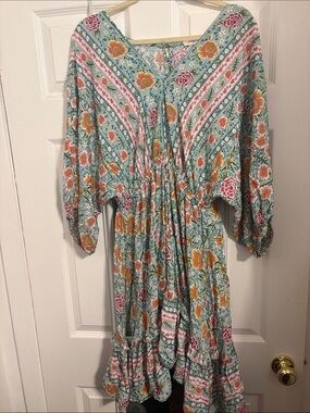 Umgee Teal Boho Floral Midi Dress with Pink and Yellow Accents